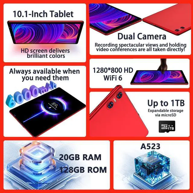 Alt view image 5 of 5 - SKYEGG Android 14 Tablet 10.1 inch Tablets,20GB RAM 128GB ROM 1TB Expand,Octa-Core Processor,Dual Camera,WiFi 6,GPS,Bluetooth 5.0,6000mAh Long Battery Life with Keyboard/Mouse-Red