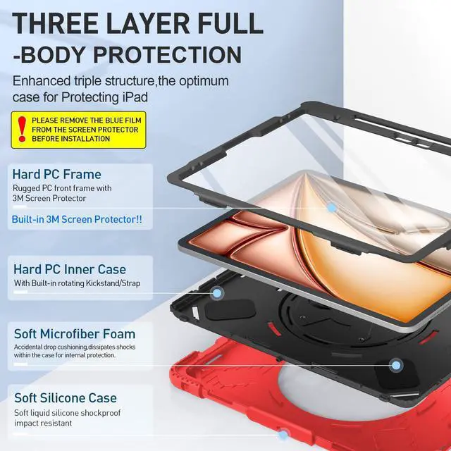 Alt view image 2 of 5 - SUPFIVES Case for iPad Air 13 Inch 2024,Upgraded Military Shockproof Silicone Cover with Screen Protector+Hand Strap+Shoulder Strap+Rotating Kickstand+Pencil Holder,Red