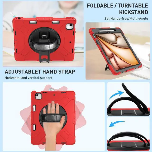 Alt view image 3 of 5 - SUPFIVES Case for iPad Air 13 Inch 2024,Upgraded Military Shockproof Silicone Cover with Screen Protector+Hand Strap+Shoulder Strap+Rotating Kickstand+Pencil Holder,Red