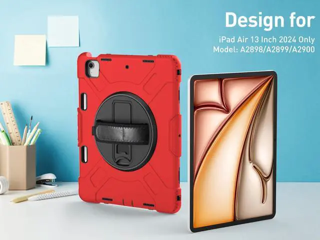Alt view image 5 of 5 - SUPFIVES Case for iPad Air 13 Inch 2024,Upgraded Military Shockproof Silicone Cover with Screen Protector+Hand Strap+Shoulder Strap+Rotating Kickstand+Pencil Holder,Red