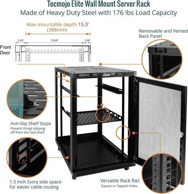 Alt view image 4 of 5 - Tecmojo 18U Wall Mount Rack,18U Rack 17.7 Inch Depth,Hold Up to 176 Lbs,Server Rack with Casters,Enclosed Wall Mount Rack Kit for 19 Inch Network,Server and AV Gear,Mesh Door(Elite Collection)