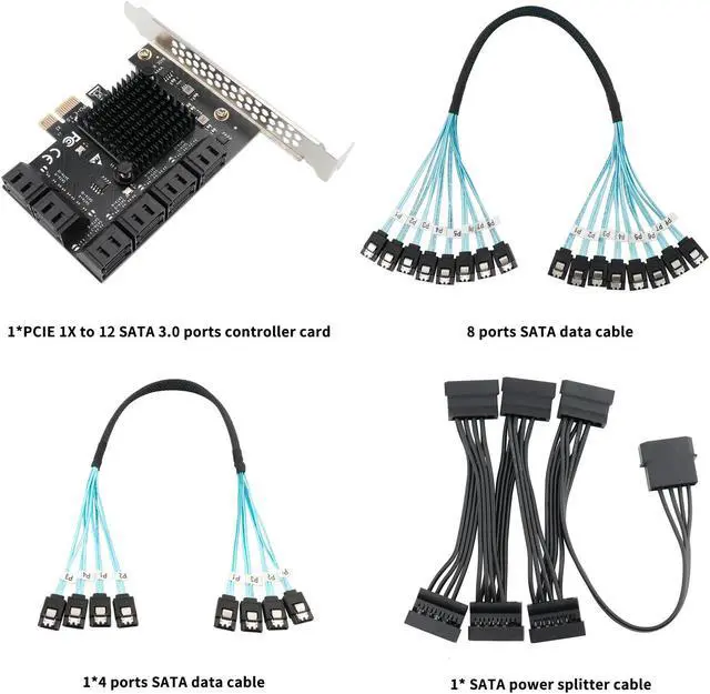 Alt view image 5 of 5 - PCIe x1 to 12-Port SATA3.0 Expansion Card,6Gbps SATA Adapter for SSD/HDD, Plug and Play with 12 Status LEDs, Compatible with Windows/Linux/Ubuntu/ESXi/Synology NAS (with SATA Bundle Cables)