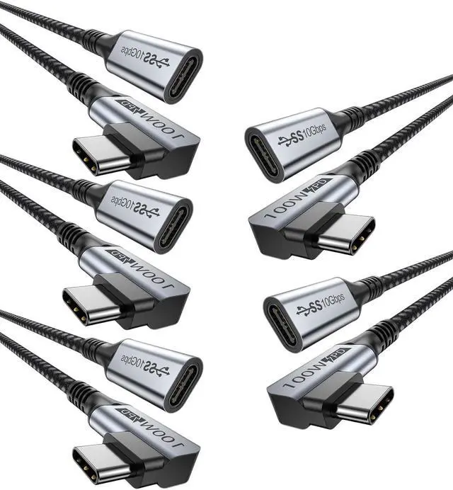 Main image of USB C Extension Cable 5-Pack, 6FT Type-C Extender Cable, USBC 100W Charging Cable Right Angle, 10Gbps Data Faster USB 3.2 Gen 2 Male to Female Cable with 4K Video for Laptop, Tablet and Phone