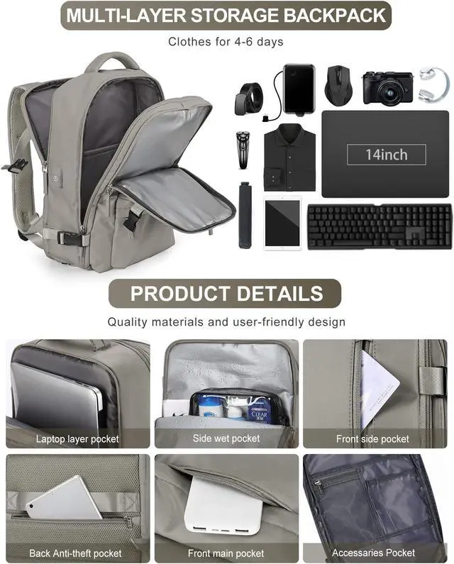 Alt view image 4 of 5 - VGCUB Large Travel Backpack Bag for Women Men,Carry on Backpack,17 Inch Laptop Business Work Waterproof Backpack with Laptop Compartment,Person Item Flight Approved,Mochila de Viaje,Large Brown