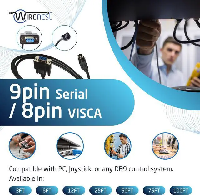 Alt view image 3 of 5 - Wirenest 12ft VISCA PTZ Camera Control Cable for Sony EVI/BRC/SRG Series RS232 8 Pin Mini DIN to DB9F Serial