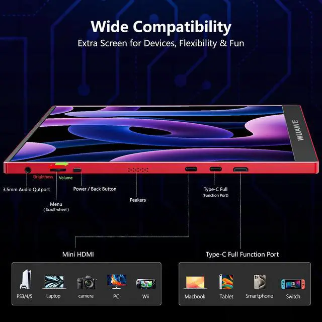 Alt view image 2 of 5 - WUAWE Portable Monitor 16" 1200P IPS Travel Monitor for Laptop with Built-in Stand,USB-C HDMI,100% sRGB HDR Freesync Display,Plug&Play for PC PS5 Switch (Red)