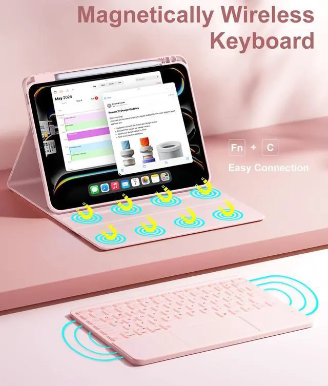 Alt view image 5 of 5 - Hamile for iPad Pro 11-inch Case with Keyboard (M4) - Magnetic Wireless Keyboard with Multi-Touch Trackpad, 7 Colors, Backlit, Stain Proof Folio Cover for iPad Pro 11 Inch 2024 - Light Pink