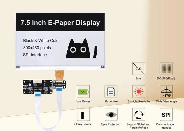 Alt view image 4 of 5 - 7.5inch E-Ink Display HAT for Raspberry Pi/Jetson Nano Also Fits Arduino/Nucleo 800x480 Pixel Black/White Two-Color SPI Interface E-Paper Screen Panel