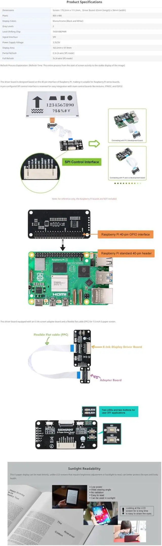 Alt view image 5 of 5 - 7.5inch E-Ink Display HAT for Raspberry Pi/Jetson Nano Also Fits Arduino/Nucleo 800x480 Pixel Black/White Two-Color SPI Interface E-Paper Screen Panel