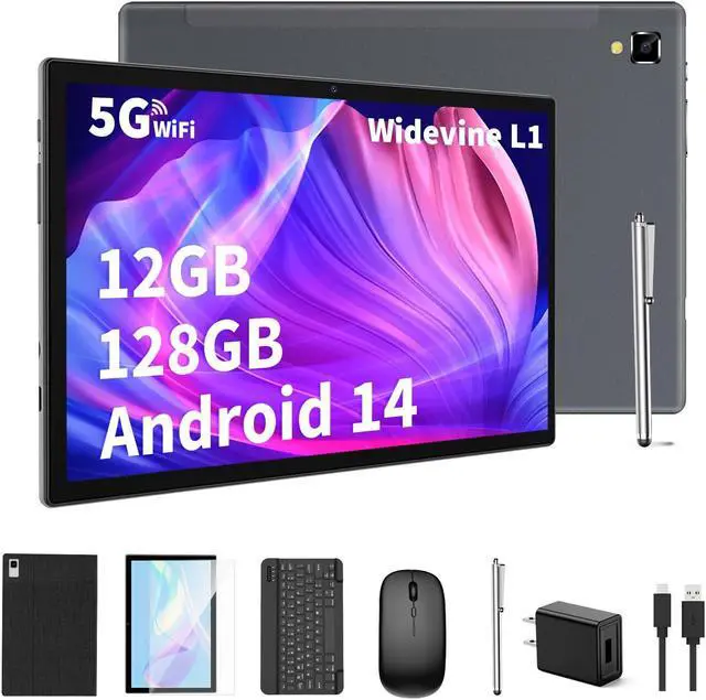 Main image of YLEEBG Android Tablet with Keyboard,10 inch Android 14 Tablet, 12GB RAM 128GB ROM, 1TB Expand, 8000mAh, 2.4G/5G WiFi, Bluetooth, GMS Certified, 2 in 1 Tablet with Mouse, Case, Stylus Tablet PC(Black)