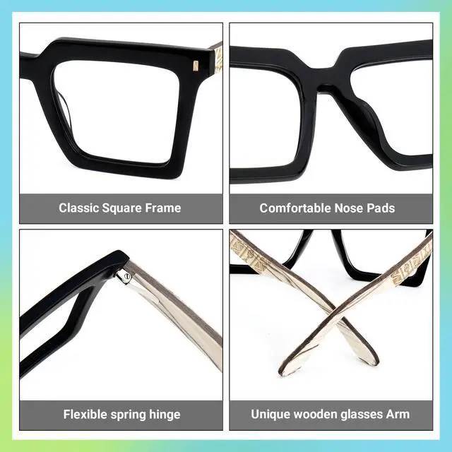 Alt view image 5 of 5 - Zeelool Vintage Square Wood Arm Blue Light Blocking Glasses for Men Computer Eyeglasses ZJGX320783-01 Black