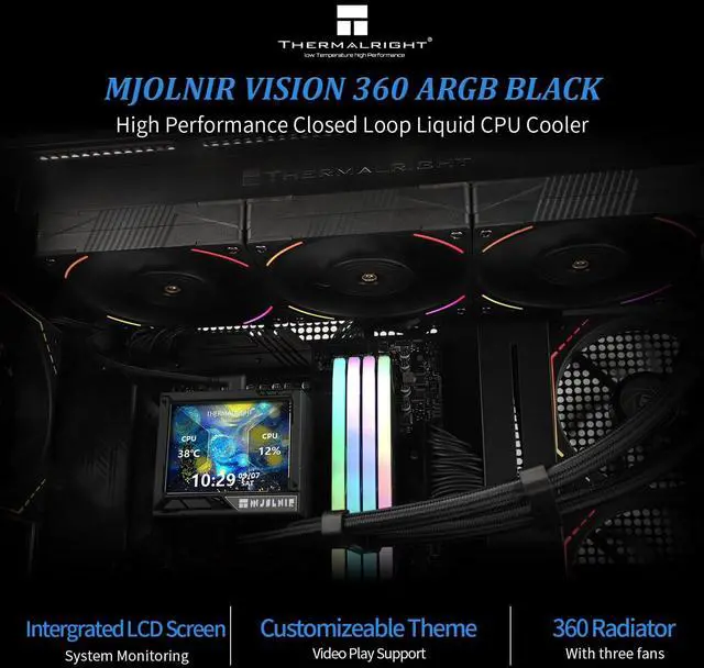 Alt view image 3 of 5 - Thermalright Mjolnir Vision 360 ARGB Black CPU Water Cooler,3 PWM Fans Water Cooling System with 2000PRM,for AM4/AM5&Intel LGA1851/1700, Magnetic Detachable LCD Screen with 320 * 240 Resolution