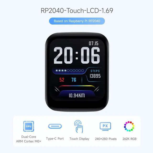 Alt view image 3 of 5 - Waveshare RP2040 Microcontroller Development Board 1.69inch Touch LCD, Based on Raspberry Pi RP2040, Rounded Corners, Dual-core Arm Processor, 16MB Flash, Accelerometer and Gyroscope Sensor