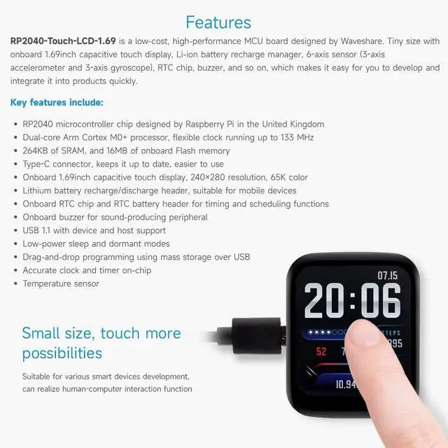 Alt view image 4 of 5 - Waveshare RP2040 Microcontroller Development Board 1.69inch Touch LCD, Based on Raspberry Pi RP2040, Rounded Corners, Dual-core Arm Processor, 16MB Flash, Accelerometer and Gyroscope Sensor