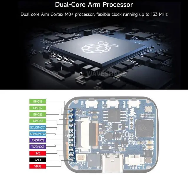 Alt view image 5 of 5 - Waveshare RP2040 Microcontroller Development Board 1.69inch Touch LCD, Based on Raspberry Pi RP2040, Rounded Corners, Dual-core Arm Processor, 16MB Flash, Accelerometer and Gyroscope Sensor