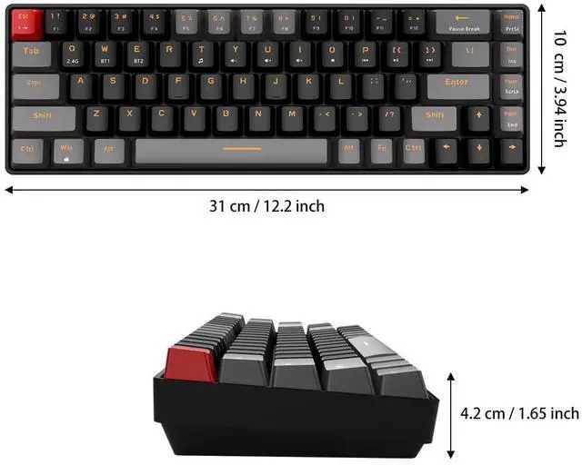 Alt view image 3 of 5 - Qisan Wireless Mechanical Gaming Keyboard & Keycap Puller Bundle | Dual Mode 2.4G/BT Wireless Keyboard with Red Switch Mini Design (60%) 68 Keys | Black Stainless Steel Keycap Removal Tool