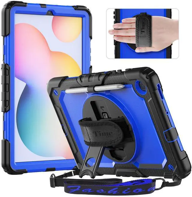 Main image of Timecity Case for Samsung Galaxy Tab S6 Lite 10.4" 2024/2022/2020 (SM-P620/ P625/ P610/ P615), with Built-in Screen Protector&360 Degree Swivel Stand&Hand Strap&Shoulder Strap, Black+Dark Blue