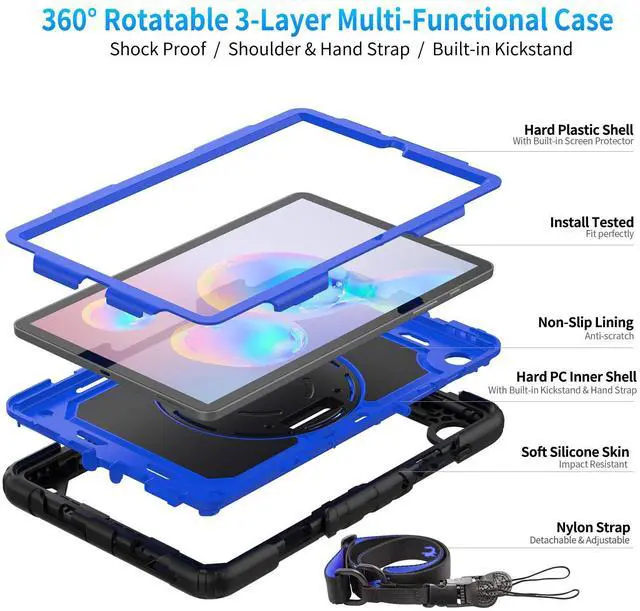 Alt view image 3 of 5 - Timecity Case for Samsung Galaxy Tab S6 Lite 10.4" 2024/2022/2020 (SM-P620/ P625/ P610/ P615), with Built-in Screen Protector&360 Degree Swivel Stand&Hand Strap&Shoulder Strap, Black+Dark Blue