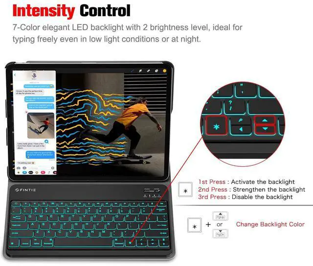Alt view image 3 of 5 - Fintie 11-Inch Ultrathin Wireless Bluetooth Keyboard - [7 Color Backlit] Ultra-Slim Portable for iPad Samsung Tablet, iPhone Smartphone, iOS, Android Tablets Phone, Black