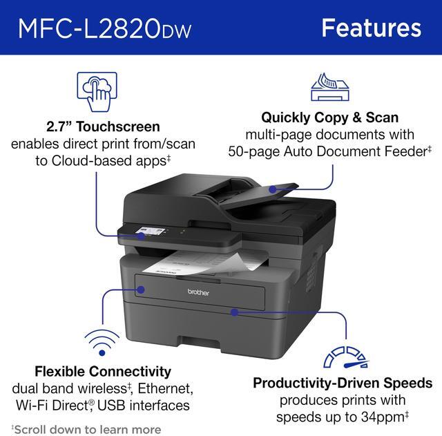 Alt view image 3 of 5 - Brother MFC-L2820DW Wireless Compact Monochrome All-in-One Laser Printer with Copy, Scan and Fax, Duplex, Black & White | Includes Refresh Subscription Trial(1),  Dash Replenishment Ready