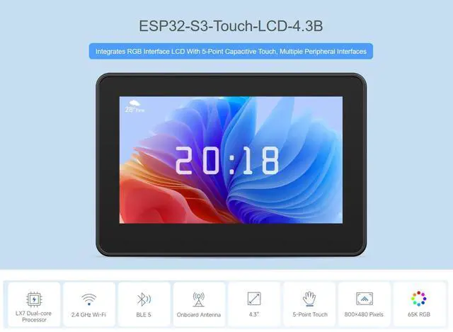 Alt view image 2 of 5 - Waveshare ESP32-S3 4.3inch Touch Screen Microcontroller Development Board, Onboard 800480 65K RGB Screen, 5-Point Touch Display, Wi-Fi & Bluetooth 5, 32-Bit LX7 Dual-Core Processor