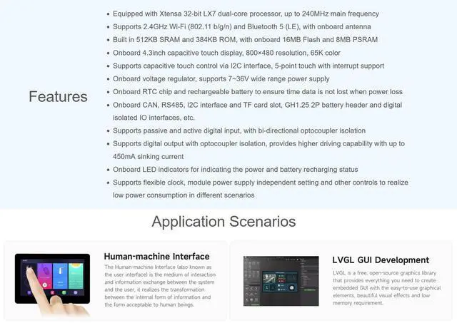Alt view image 3 of 5 - Waveshare ESP32-S3 4.3inch Touch Screen Microcontroller Development Board, Onboard 800480 65K RGB Screen, 5-Point Touch Display, Wi-Fi & Bluetooth 5, 32-Bit LX7 Dual-Core Processor