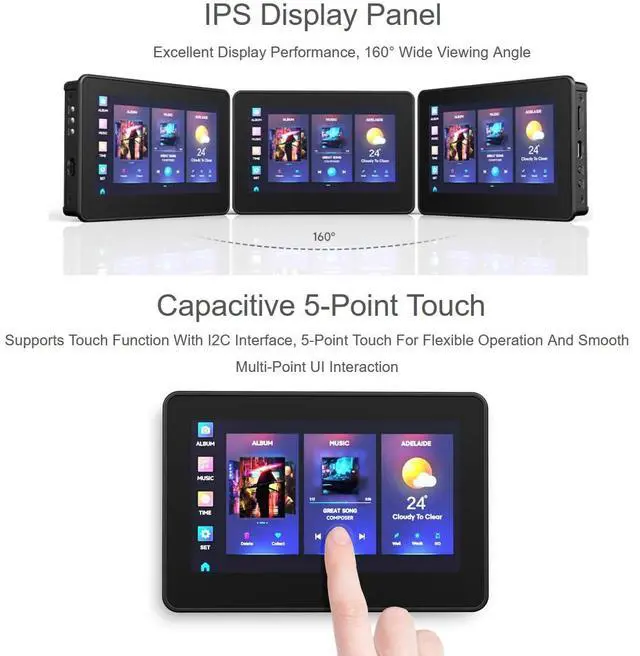 Alt view image 4 of 5 - Waveshare ESP32-S3 4.3inch Touch Screen Microcontroller Development Board, Onboard 800480 65K RGB Screen, 5-Point Touch Display, Wi-Fi & Bluetooth 5, 32-Bit LX7 Dual-Core Processor