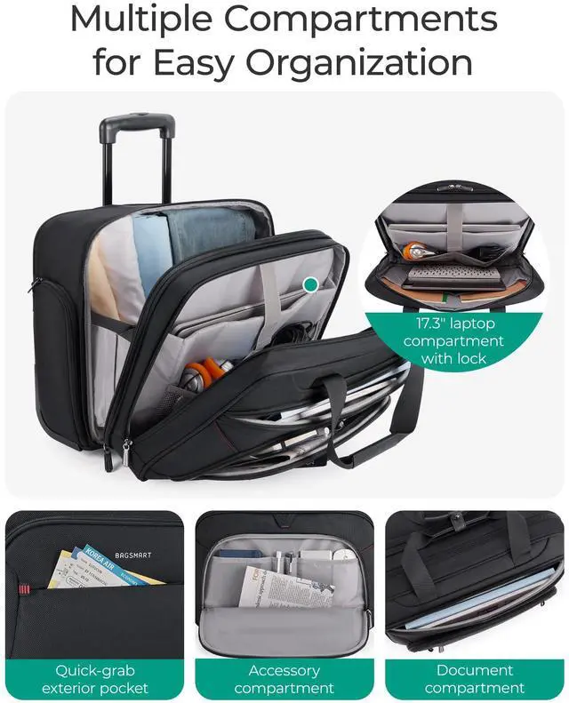 Alt view image 3 of 5 - BAGSMART Rolling Laptop Bag, Briefcase with Wheels Fits 17.3 Inch Laptop, Overnight Rolling Bag with TSA Lock, Computer Bag for Travel/Men/Women, Black