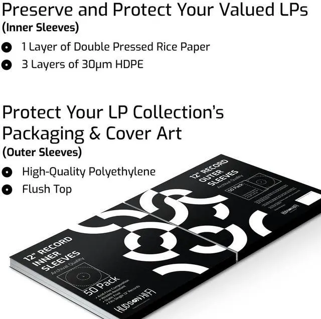 Alt view image 3 of 5 - Hudson Hi-Fi 50 ct. Inner Sleeves for Vinyl Records & 50 ct. Vinyl Outer Sleeves - 100 Vinyl Sleeves for Records, Clear Outer & Inner Sleeves for Vinyl Records