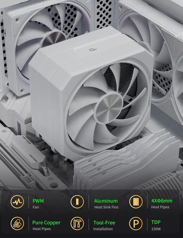Alt view image 5 of 5 - White 120mm 1650rpm CPU Air Cooler with 4x6mm Heat Pipes, 6.1" Height - Compatible with AMD AM5/AM4/AM3 & Intel LGA 1851/1700/1851/1155/1156/2011