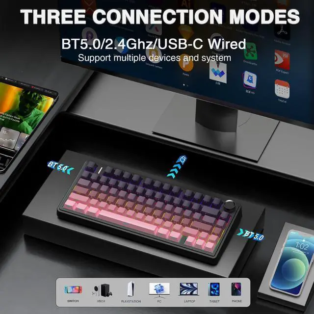 Alt view image 3 of 5 - AULA F75 Pro Wireless Mechanical Keyboard,75% Gasket Hot Swappable Custom Keyboard,RGB Backlit,Pre-lubed Reaper Switches,Side Printed PBT Keycaps Mechanical Gaming Keyboards, Pink&Black