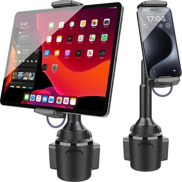 Main image of APPS2Car Solid Cup Holder Tablet Mount for Car, Adjustable Height iPad Car Mount for Truck Low Profile Road Trip Essentials Compatible with 4.7-13" iPad Pro Air Mini, Fire, iPhone, Cell Phone - Black
