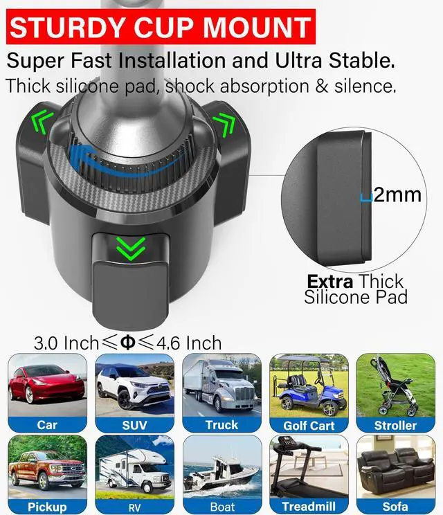Alt view image 5 of 5 - APPS2Car Solid Cup Holder Tablet Mount for Car, Adjustable Height iPad Car Mount for Truck Low Profile Road Trip Essentials Compatible with 4.7-13" iPad Pro Air Mini, Fire, iPhone, Cell Phone - Black