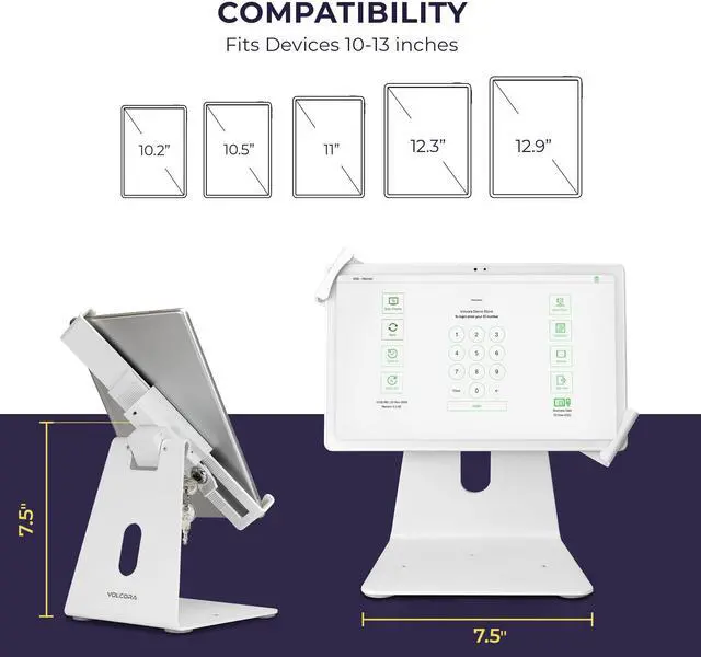 Alt view image 2 of 5 - Volcora Anti-Theft Tablet Stand iPad Security Holder with Lock, White 10-13 Inch Kiosk Stand Mount, Swivel, Adjustable, for iPad Pro, Air, POS Register, Retail Business, Checkout, Cashier
