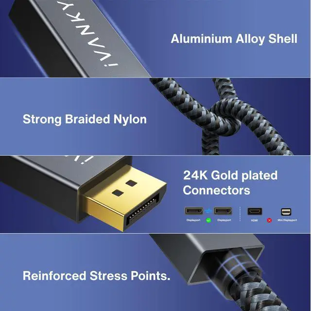 Alt view image 4 of 5 - IVANKY 16K Displayport Cable 10ft, Long DP Cable 2.1 [16K@60Hz, 8K@120Hz, 4K@240Hz/165Hz], DisplayPort 2.1 Cable Support HDR, HDCP 2.2, Compatible with Gaming Monitor, TV and More, Grey-10FT