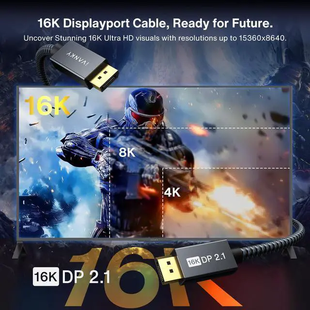 Alt view image 2 of 5 - IVANKY 16K Displayport Cable 10ft, Long DP Cable 2.1 [16K@60Hz, 8K@120Hz, 4K@240Hz/165Hz], DisplayPort 2.1 Cable Support HDR, HDCP 2.2, Compatible with Gaming Monitor, TV and More, Grey-10FT