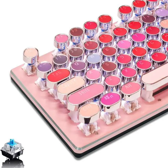 Main image of Basaltech Pink Keyboard Typewriter Style with White LED Backlight,Vintage Mechanical Gaming Keyboards with Lipstick Round Keycaps, Blue Switches 104-Keys Wired Keyboard Metal Panel for Laptop/pc