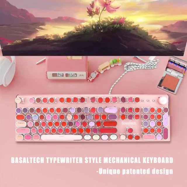 Alt view image 3 of 4 - Basaltech Pink Keyboard Typewriter Style with White LED Backlight,Vintage Mechanical Gaming Keyboards with Lipstick Round Keycaps, Blue Switches 104-Keys Wired Keyboard Metal Panel for Laptop/pc
