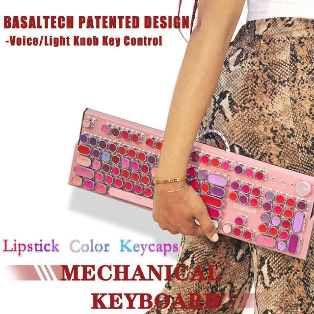 Alt view image 4 of 4 - Basaltech Pink Keyboard Typewriter Style with White LED Backlight,Vintage Mechanical Gaming Keyboards with Lipstick Round Keycaps, Blue Switches 104-Keys Wired Keyboard Metal Panel for Laptop/pc