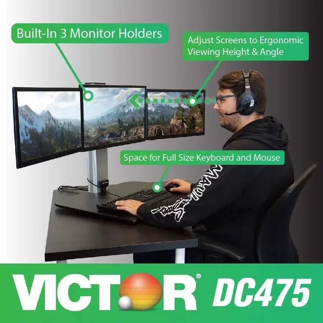 Alt view image 2 of 5 - Victor DC475 High Rise Electric Triple Monitor Gaming Desk|3Large Monitor Sit-Stand Desk |28" Wide Gaming Surface|Compatible with Any Standard Desk|Adjustable Monitor Holder|Cable Management Included