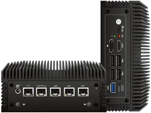 Main image of Fanless N100 Mini PC Micro Firewall Appliance, 4 * 2.5Gbe i225 LAN Ports Power Over Ethernet Mini Computer 16GB DDR4 RAM 512GB SATA SSD, USB-C/5*USB/SIM Slot/HD+DP/Home Network Pfsense Router