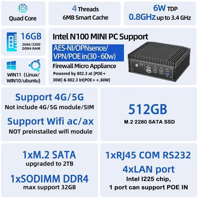 Alt view image 2 of 5 - Fanless N100 Mini PC Micro Firewall Appliance, 4 * 2.5Gbe i225 LAN Ports Power Over Ethernet Mini Computer 16GB DDR4 RAM 512GB SATA SSD, USB-C/5*USB/SIM Slot/HD+DP/Home Network Pfsense Router