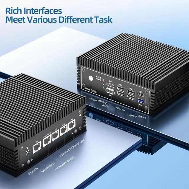 Alt view image 3 of 5 - Fanless N100 Mini PC Micro Firewall Appliance, 4 * 2.5Gbe i225 LAN Ports Power Over Ethernet Mini Computer 16GB DDR4 RAM 512GB SATA SSD, USB-C/5*USB/SIM Slot/HD+DP/Home Network Pfsense Router
