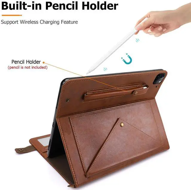 Alt view image 3 of 5 - Dteck PU Leather Case for Apple iPad Pro 13" M4 (2024), Durable Folio Case with Card Slots & Pockets & Pen Holder & Stand Function, Protective Crossbody Case for iPad with Shoulder Strap, Coffee