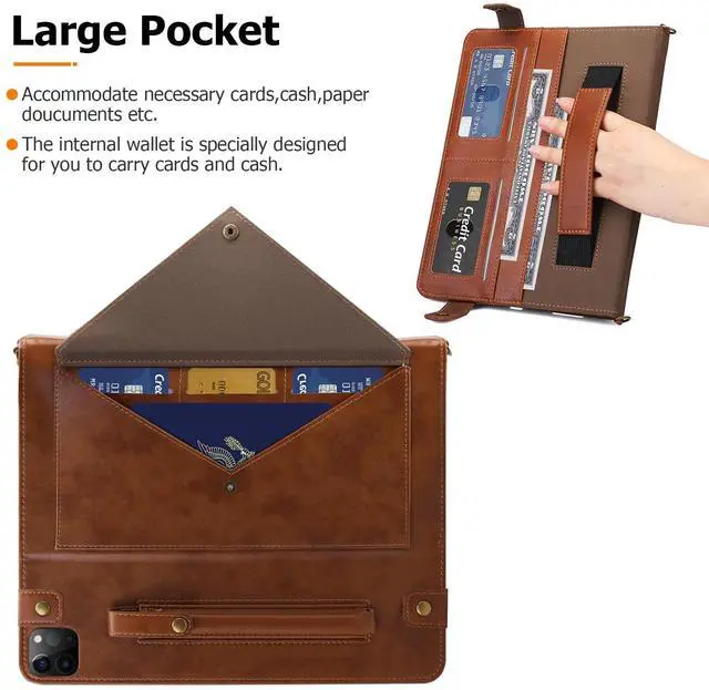 Alt view image 2 of 5 - Dteck PU Leather Case for Apple iPad Pro 13" M4 (2024), Durable Folio Case with Card Slots & Pockets & Pen Holder & Stand Function, Protective Crossbody Case for iPad with Shoulder Strap, Coffee