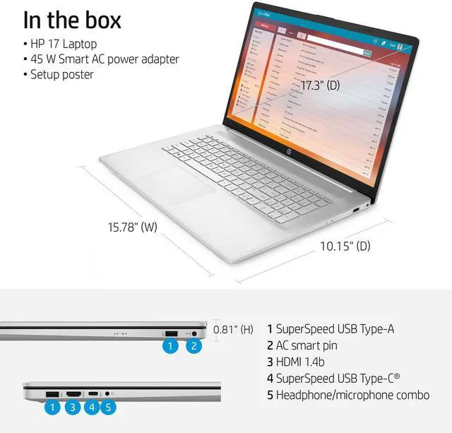 Alt view image 4 of 5 - HP Laptops 17 inch Windows 11 | AMD Ryzen 5 5500U 6Core | FHD 1920x1080 IPS Display Narrow Bezel | Numeric Keyboard | Wireless-AC | Webcam | USB Type-C | HDMI Cable (32GB RAM | 1TB PCIe SSD)