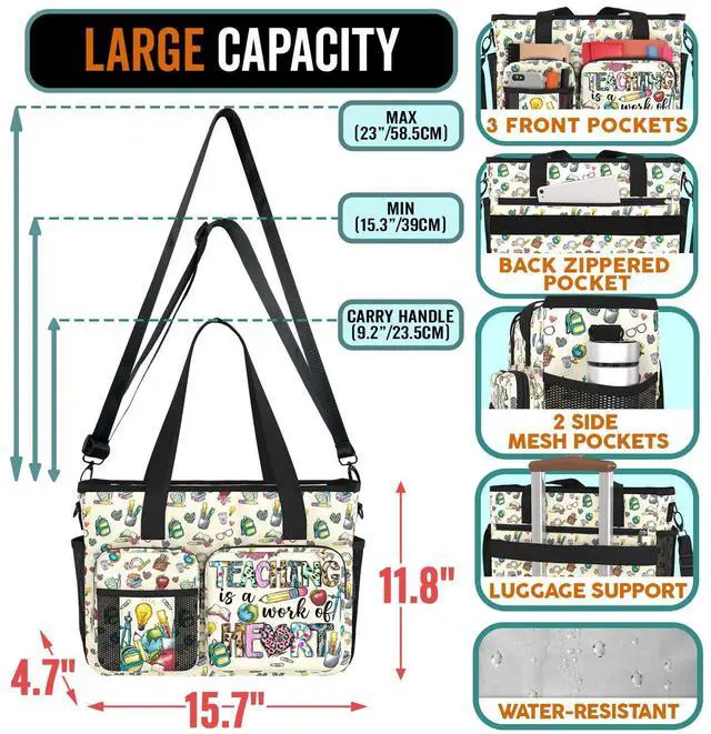 Alt view image 2 of 5 - 84hoods Teacher Shoulder Bag for Work. Waterproof Teacher Work Bag with Large Compartments, Padded Laptop Storage and Multiple Pockets. Gift for Teacher. Work of Heart.
