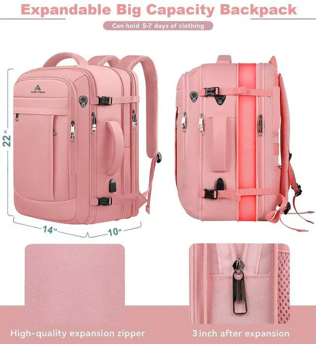 Alt view image 3 of 5 - Large Travel Laptop Backpack for Women, 55L Big Capacity Expandable Extra Large Carry On Backpack, Water Resistant Big Bag Anti-Theft Business Daypack Fits 18 Inch Laptop with USB Port, Pink