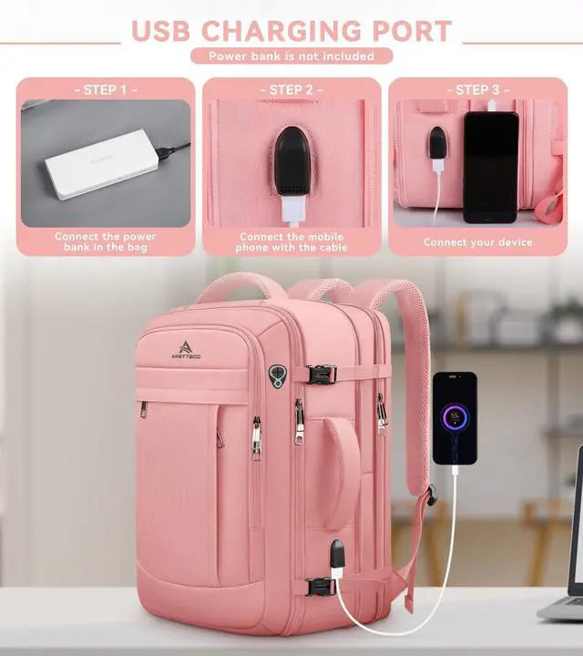 Alt view image 2 of 5 - Large Travel Laptop Backpack for Women, 55L Big Capacity Expandable Extra Large Carry On Backpack, Water Resistant Big Bag Anti-Theft Business Daypack Fits 18 Inch Laptop with USB Port, Pink