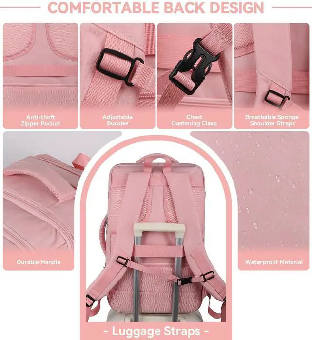 Alt view image 4 of 5 - Large Travel Laptop Backpack for Women, 55L Big Capacity Expandable Extra Large Carry On Backpack, Water Resistant Big Bag Anti-Theft Business Daypack Fits 18 Inch Laptop with USB Port, Pink